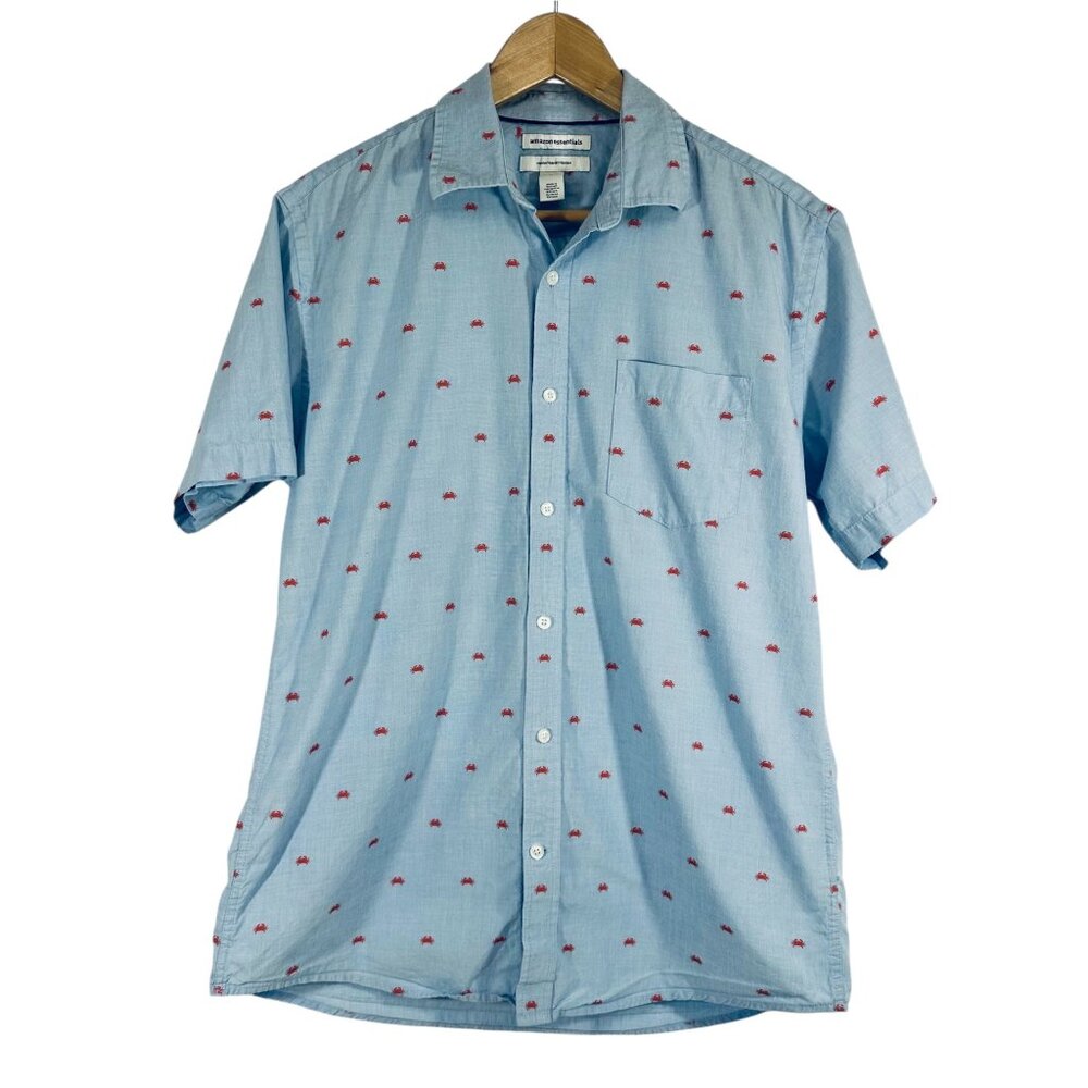 Mens Amazon Essentials Blue Short-Sleeve Button-Up Shirt W/ Red Crab Print Size